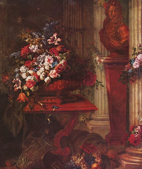 Vase mit Blumen und Bronzebuste Ludwigs XIV